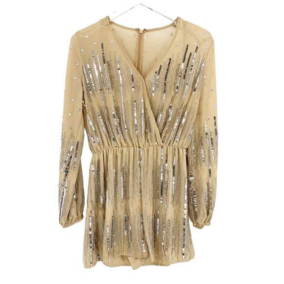 MAC DUGGAL Dress Size 4 Tan Romper V Neck Long Sleeve Beaded Formal NEW - Picture 4 of 6